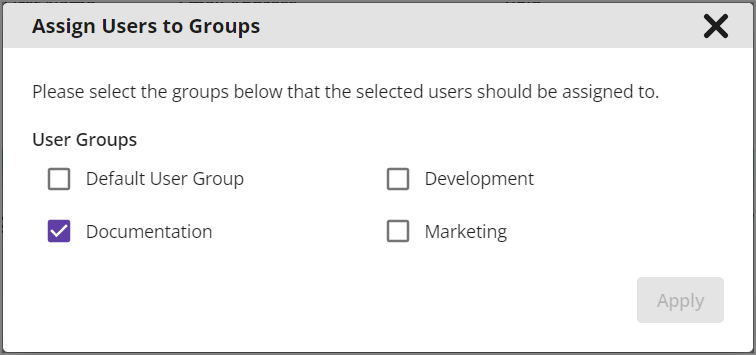 Assigning User Groups - Bulk Actions menu