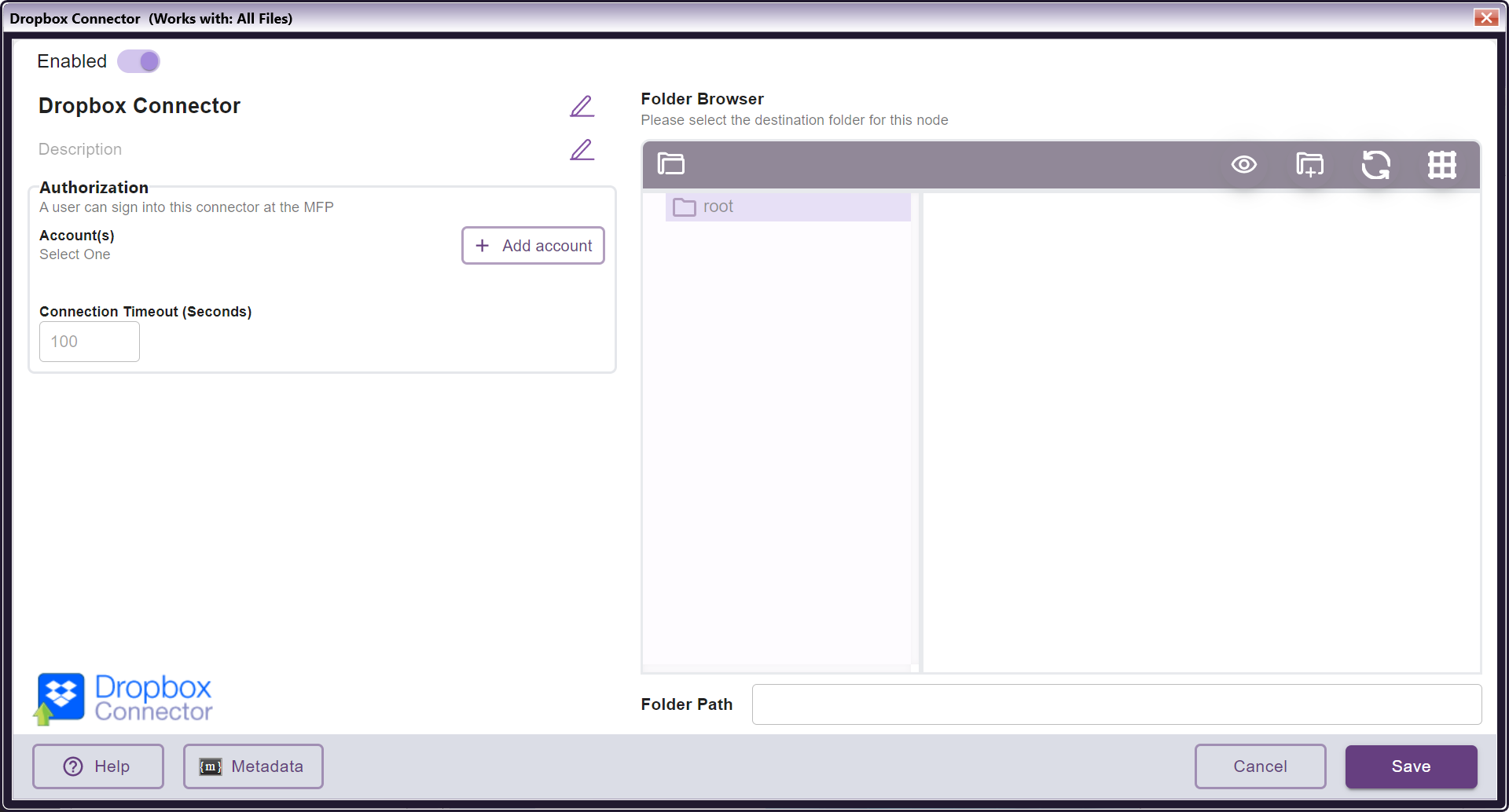 Node Configuration Window for Dropbox Connector